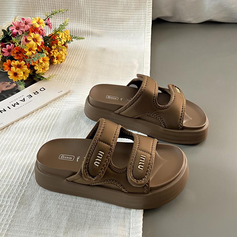 CRLAYDK Women Flat Sandals Open Toe Hook&Loop Adjustable Double Straps Platform Slippers for Summer Ladies Slides