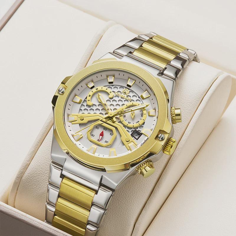 Mens Quartz Watch Waterproof Luminous Display Week/Date Stainless Steel Strap Casual Wristwatches