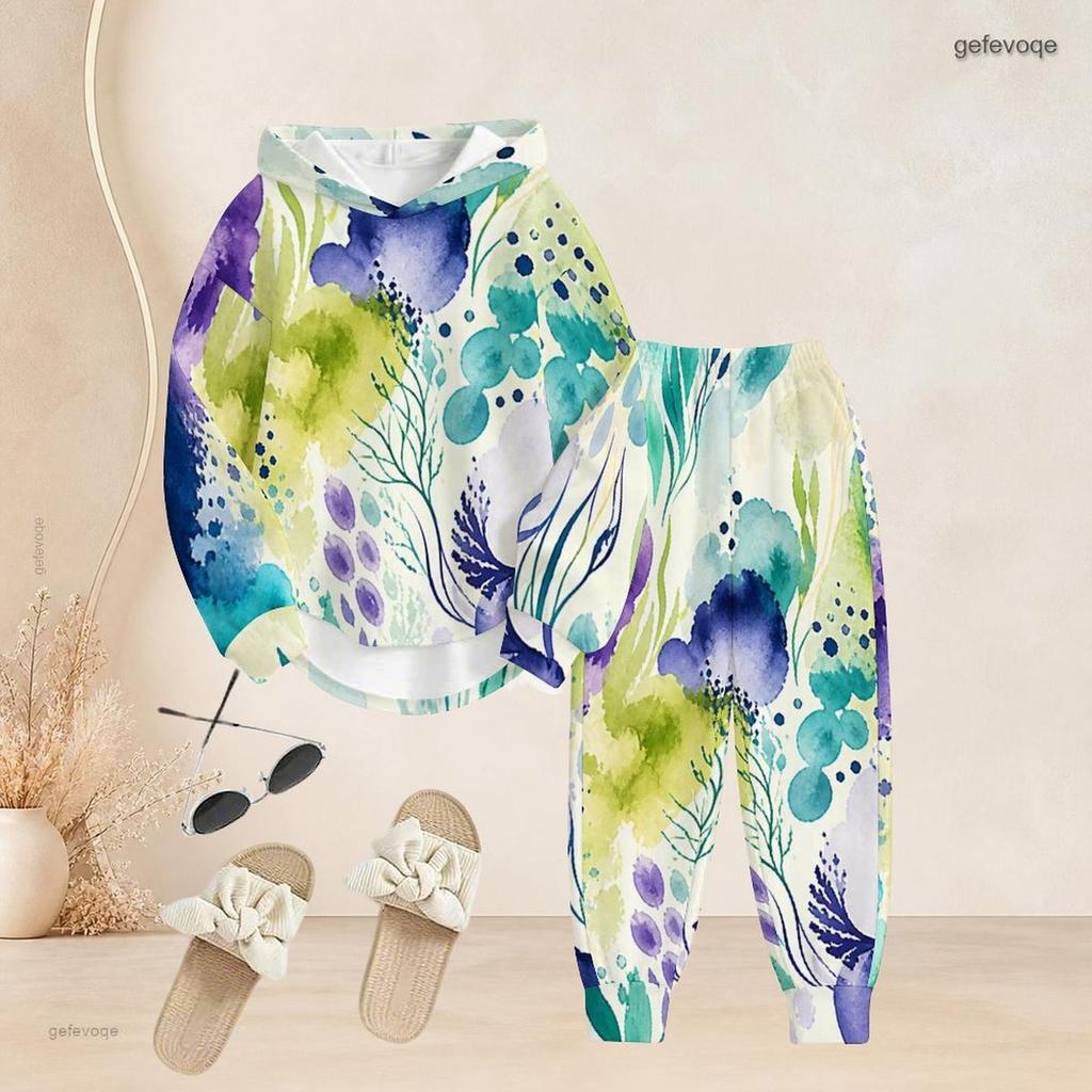Women Plus Size Two Piece Set Hooded Long Sleeve Printed Top Cuffed Dark Blue Pants