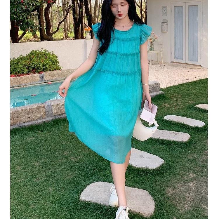 Coffee Break French Blue Small Flying Sleeve Dress Women's Summer Sense Dopamine Seaside Resort Wind Beach A-word Long Dress