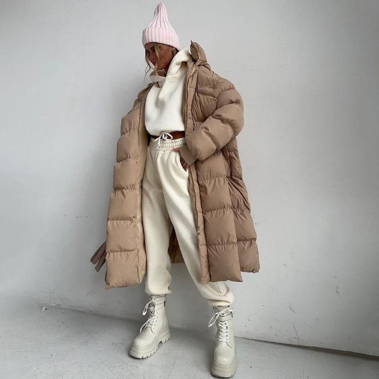 Winter Warmer Damen Oversize Langer Daunenmantel Maxijacke mit Abnehmbarer Kapuze Durchgehender Reißverschluss Gepolstert Langarm