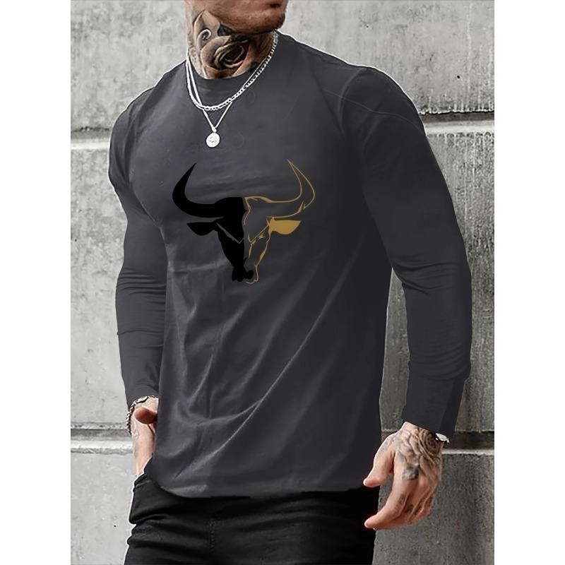 Men's Loose Fit Plus Size Comfortable Casual Sports Bull Pattern Printed Round Neck Long Sleeved T-shirt Top