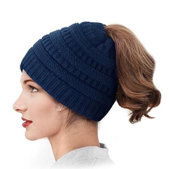 Women's Ponytail Hat Winter Warm Knitted Hat with Ponytail Tail Hole Soft Stretch Cable