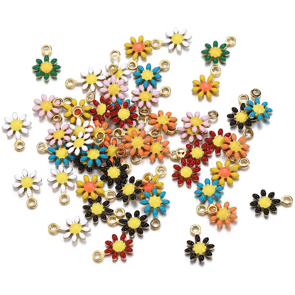 20pcs Enamel Daisy Flower Charms Stainless Steel Pendants Gold Color Beads for Bracelets Necklace Jewelry Making DIY No Fade