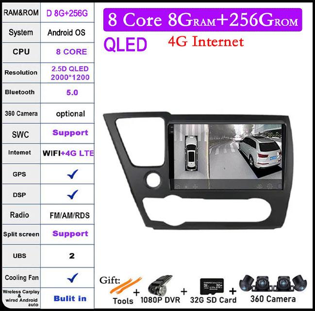 For Honda Civic 9 2013-2016 DSP Android 14 Car Radio Multimedia Video Player Navigation Stereo GPS Monitor