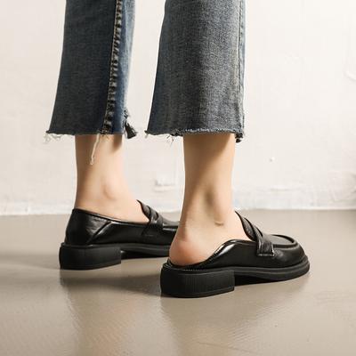 Small Black Leather Shoes Women's Thick Heels Autumn and Winter New Models One-pedal Thick Heels Shoes Round Head Two Women's Shoes