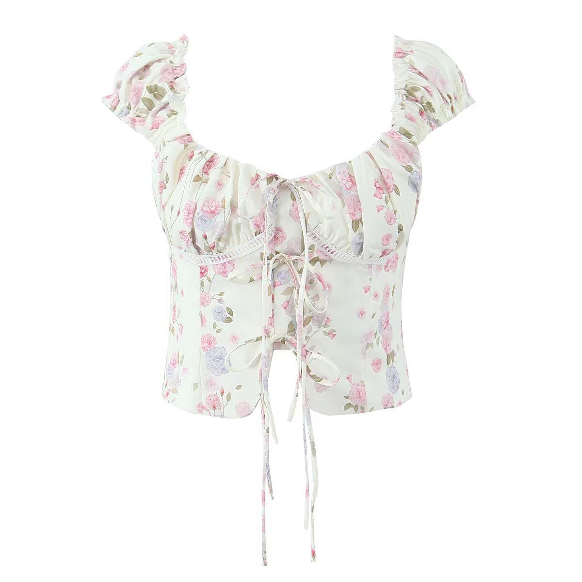 European and American style, new women s clothing, foreign style fashionable spring French retro lace-up printed top S