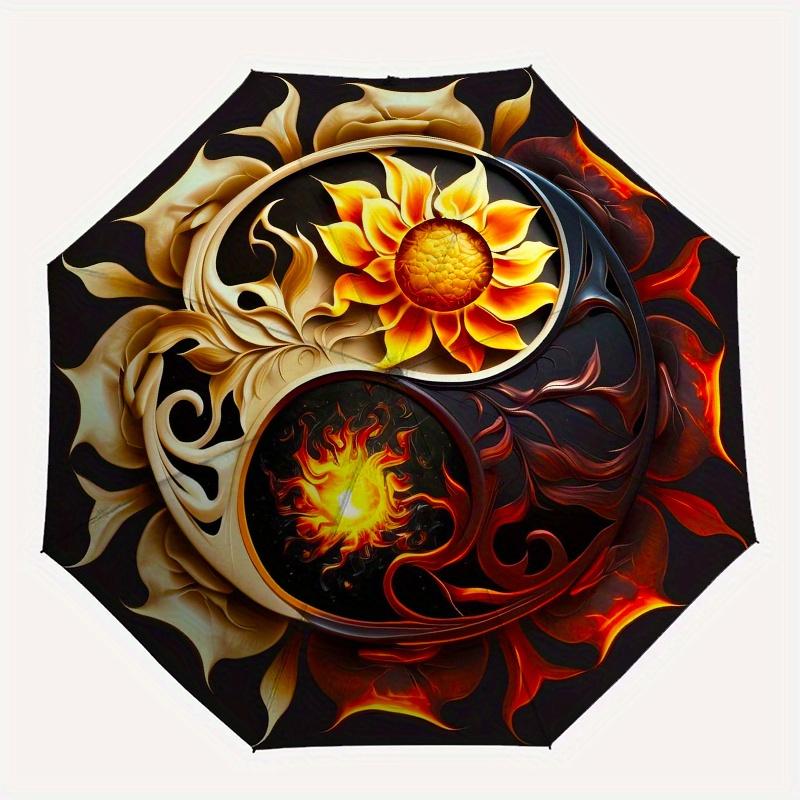 Yin Yang, Fire Flower themed Eight rib Automatic Folding Umbrella Is Suitable for Both Men and Women, Making It A Perfect Christmas and Vale