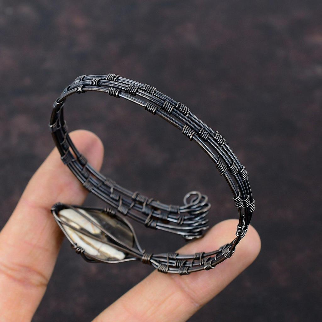 Peanut Wood Jasper Bangle Copper Wire Wrapped Adjustable Cuff Bracelet Unique Copper Wire Wrap Jewelry Handmade Gemstone Bangle Wedding Gift