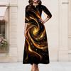 Women Plus Size Round Neck Keyhole 3 4 Sleeve Black Golden Swirl Print Maxi Dress
