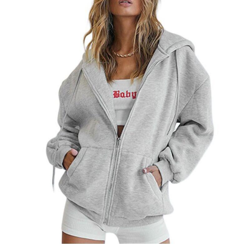 

2023 Trendy Women s Thick Solid Color Zip Hoodie Jacket with Pockets Small