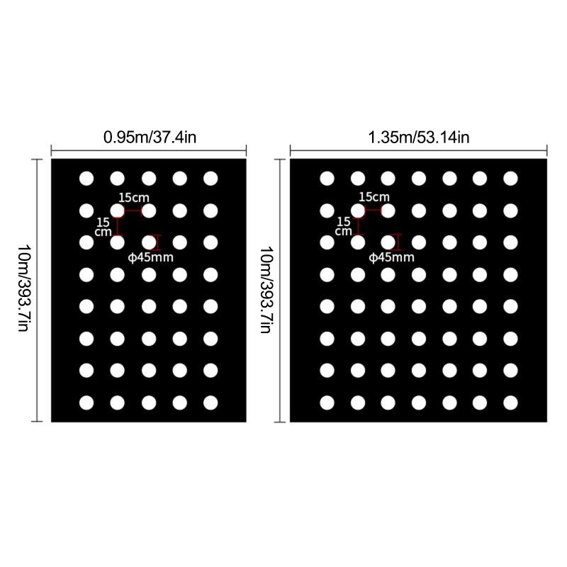 The size of the plastic perforated ground film product is 10*0.95M with 5 rows of holes