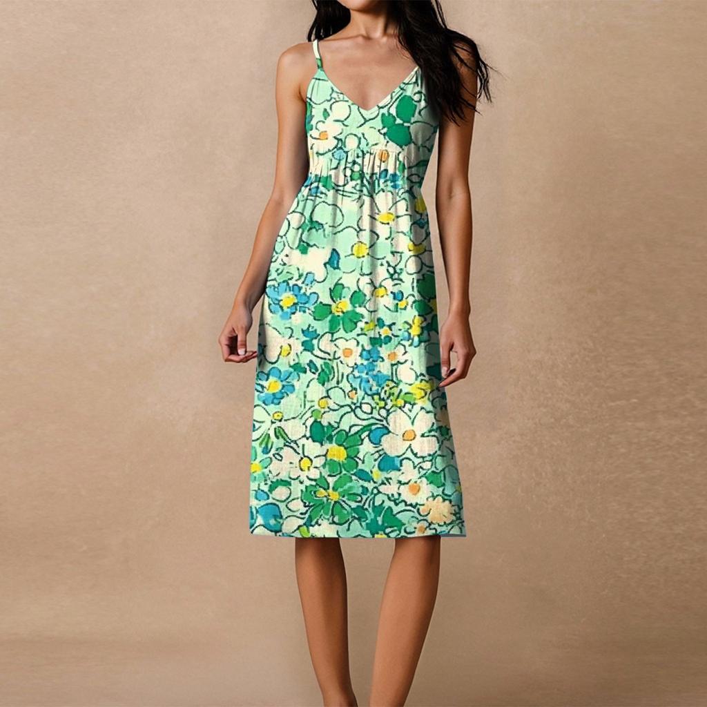 Damen Spaghetti-Träger Rückenfrei Schleife Locker Lässig Strandurlaub Blumenmuster Kleid Sommerkleid