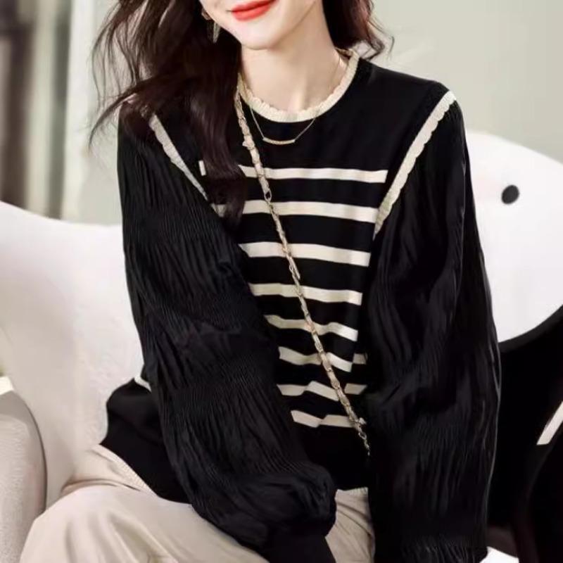 

Поддельный вязаный свитер из двух частей, осенний свитер с длинными рукавами в полоску в стиле ретро, женский топ XL чёрный