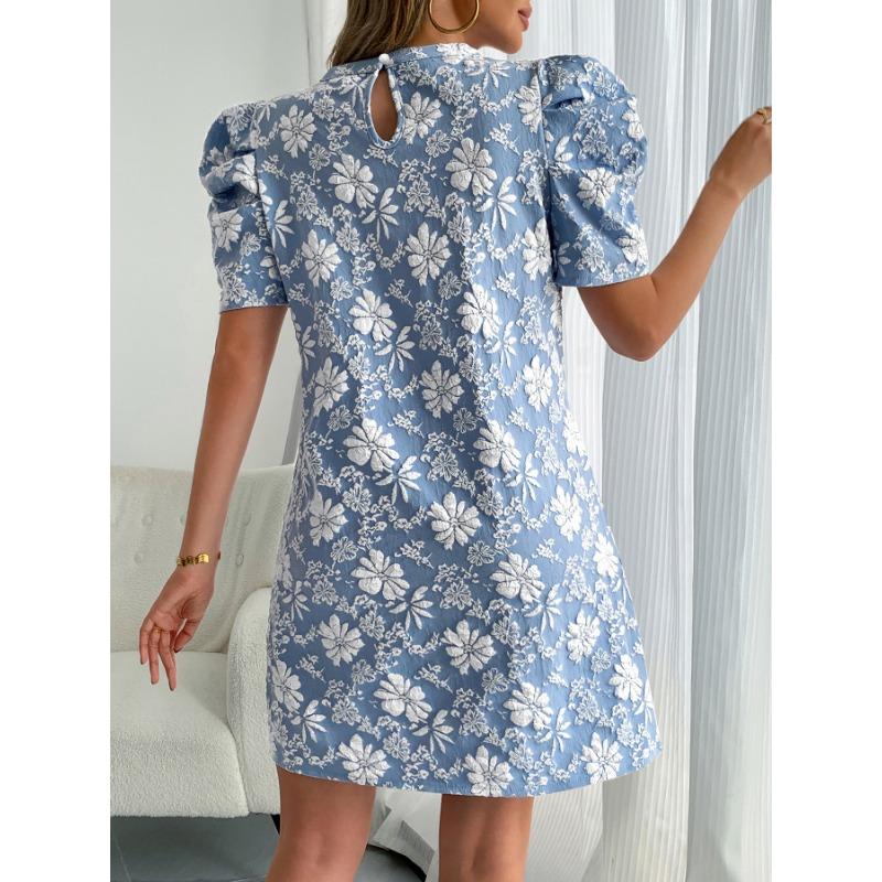 Summer Puff Short Sleeve Textured Jacquard Fashion Dress New Women Crew Neck Retro Elegant A-line Party Short Dress Female Slim Fit Loose Streetwear