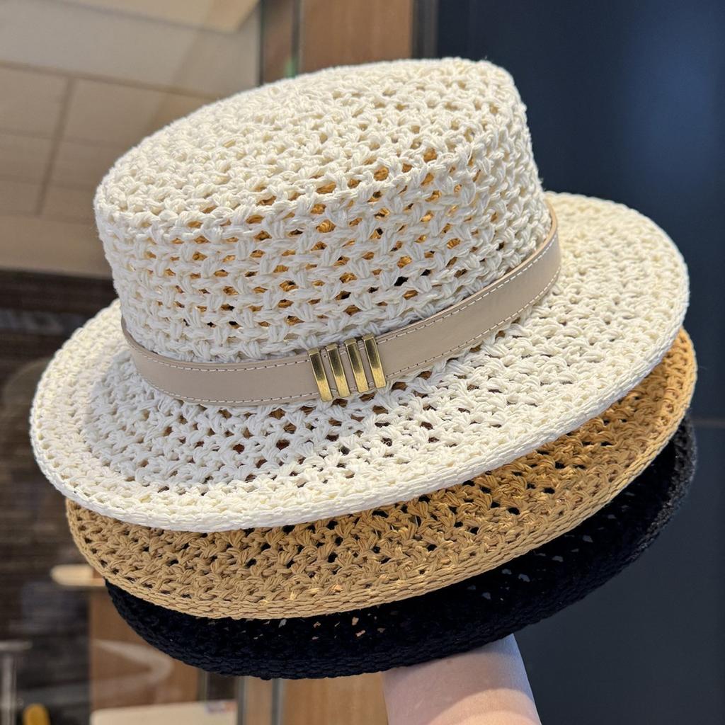 Women's Summer Straw Woven Flat Top Hat Seaside Vacation Outdoor Sun Protection Sunshade Hat