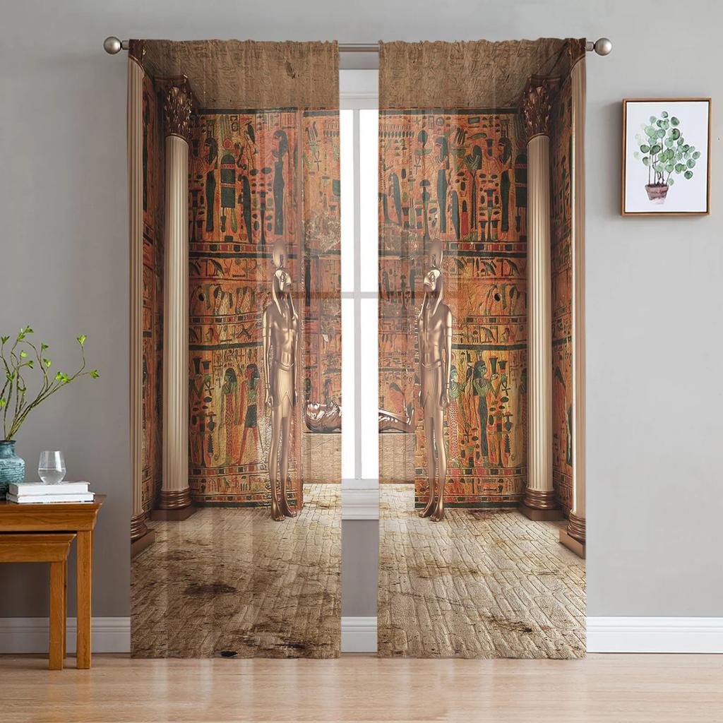 Ancient Egyptian Architecture Tulle Curtains Living Room Kitchen Bedroom Decor Voile Curtain Chiffon Window Drapes Light Filtering For Area Polyester