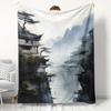 1pc Comfortable Cloud Mist Mountain Ancient Tower Flannel Blanket, 100% Polyester Fiber HD Digital Print, Suitable for All Seasons, Cooling Blanket, S