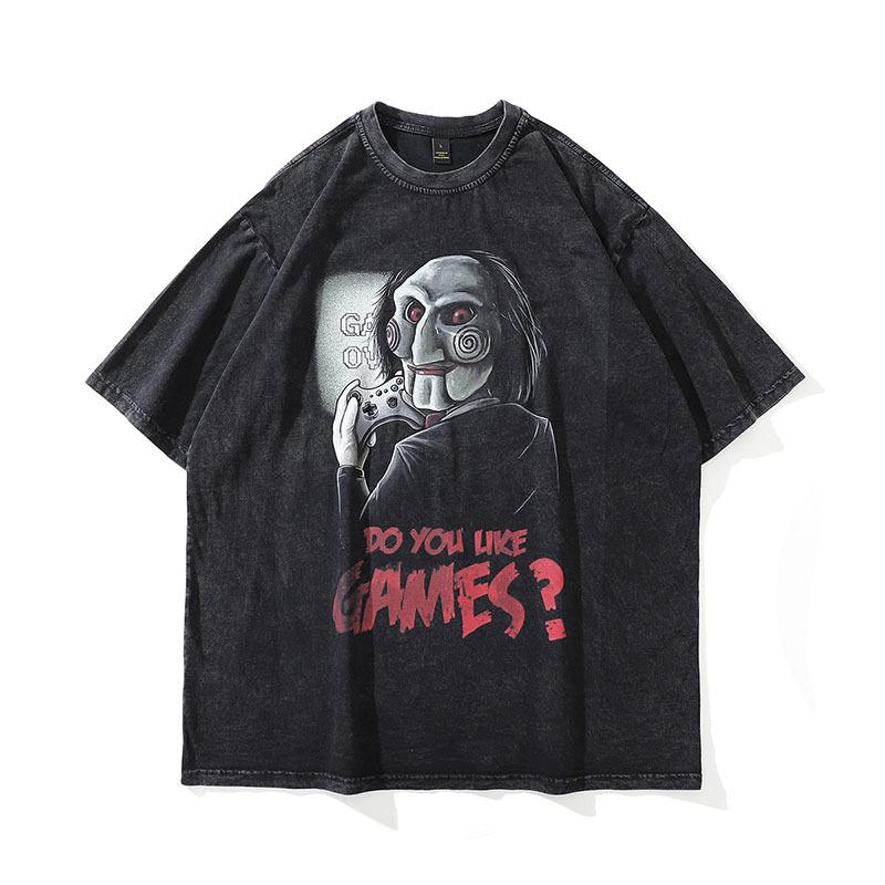 European And American Hiphop Retro Skull Print Washed Old Short-Sleeved T-Shirt Men'S And Women'S Vintage Hip-Hop Vintage