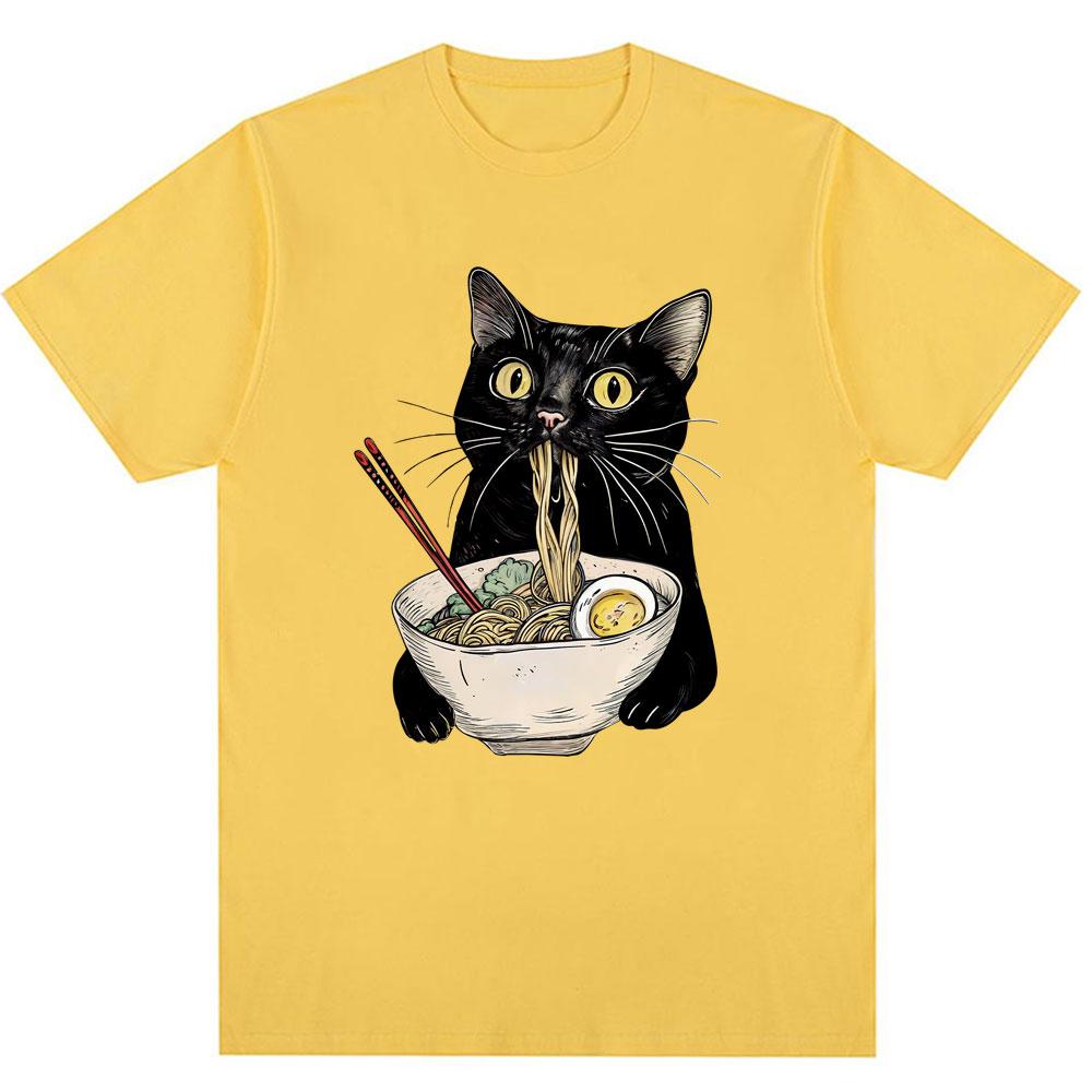 Funny Noodle Ramen Black Cat Graphic T-shirt Fashion Men's Women's Popular Short Sleeve Y2K Oversized Cotton T Shirts Streetwear