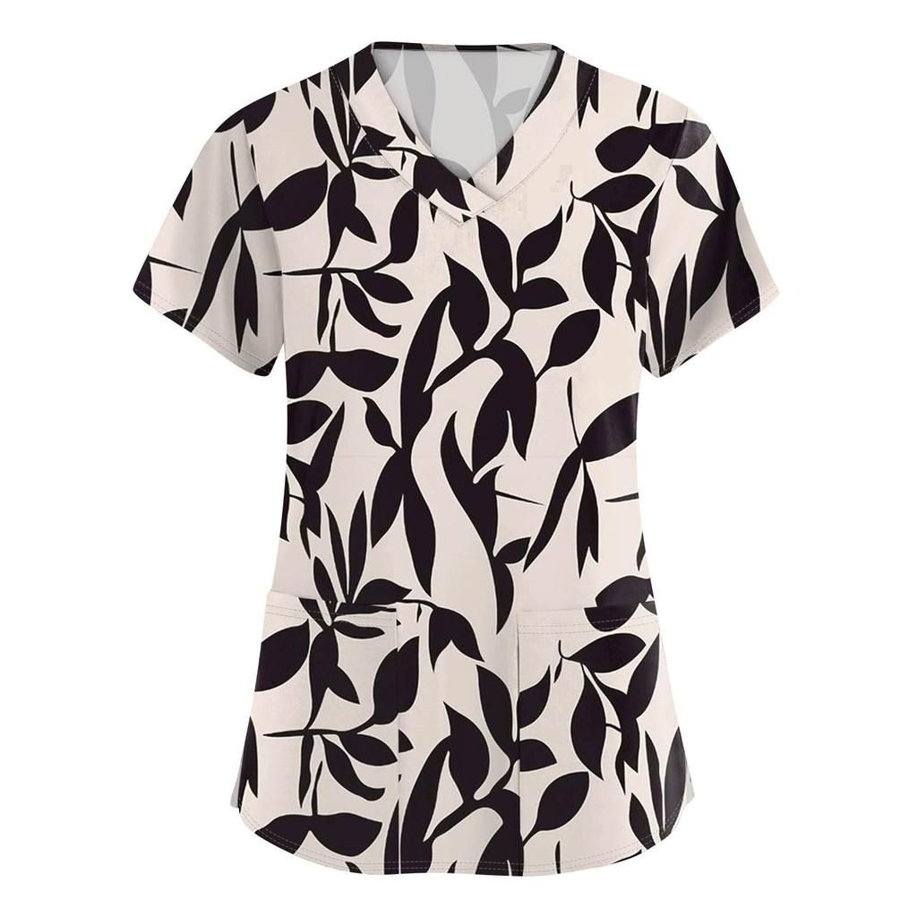 Women's Fashion Printed  Short Sleeve Care Workwear With Double Pockets Top