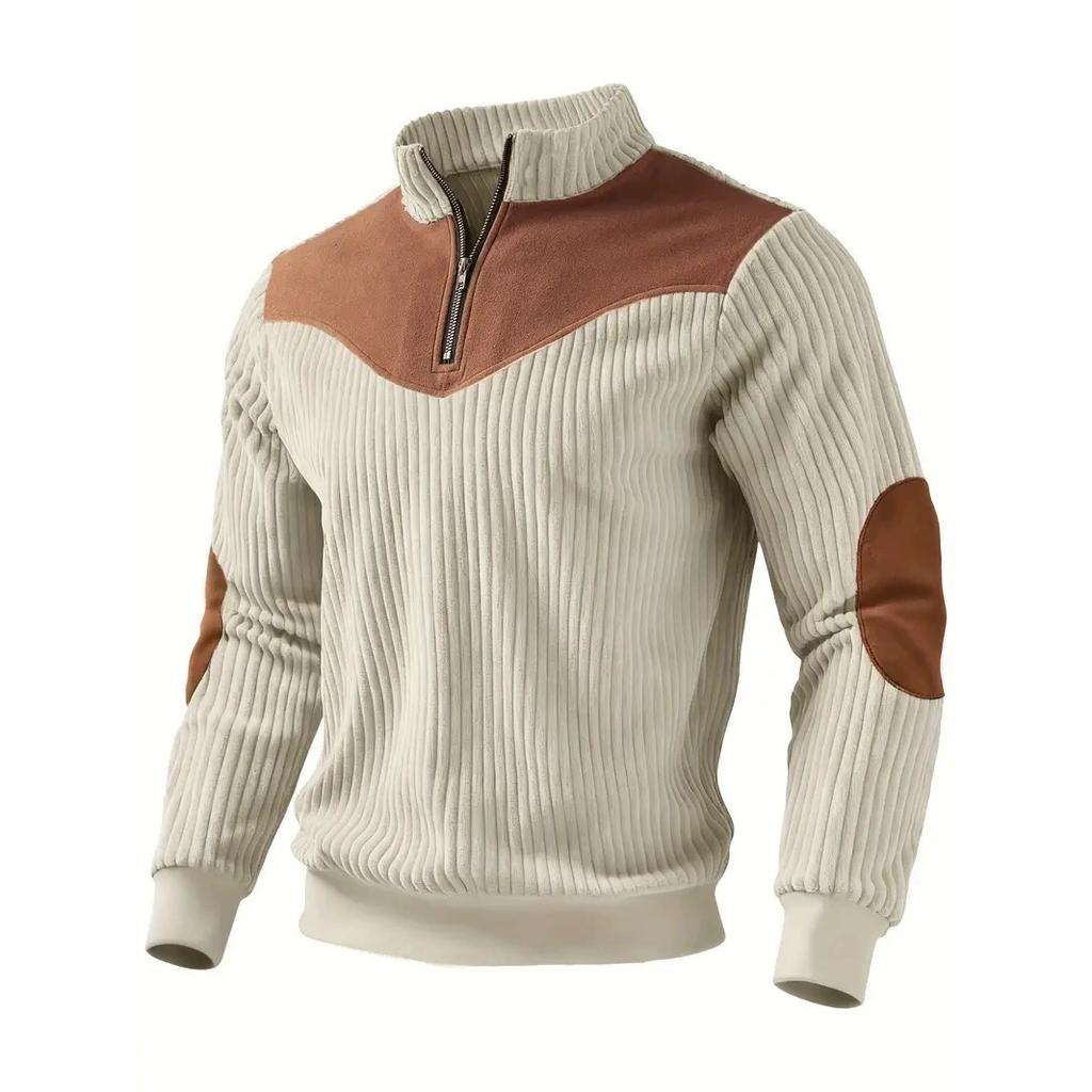 Vintage Patchwork Corduroy Sweatshirt for Men Stand Collar Casual Loose Pullover Half Zipper Hoodie Man