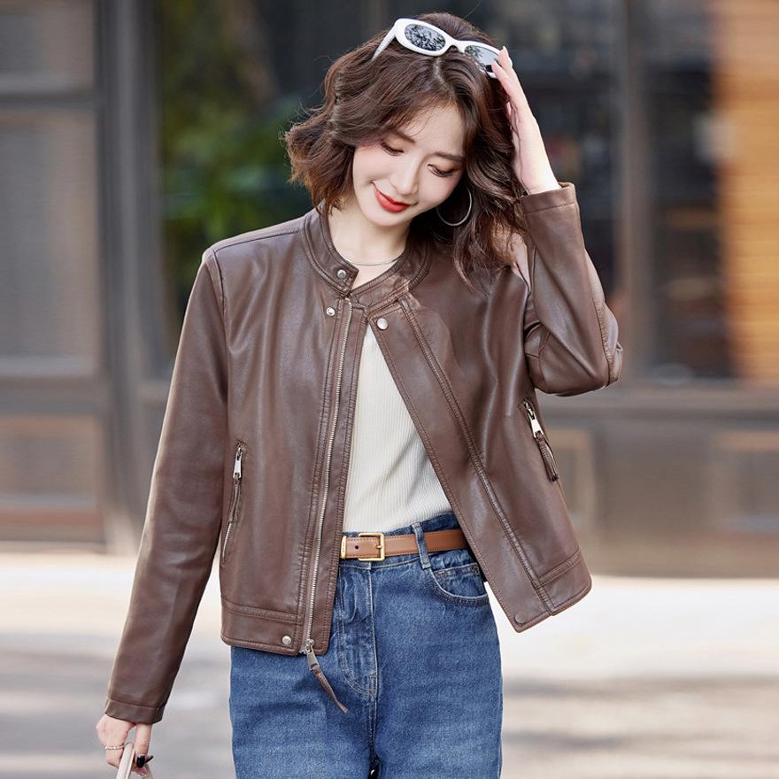 Leather Jacket Women's Spring and Autumn Small Fashion Casual Stand-up Collar Locomotive Style Short Leather Jacket