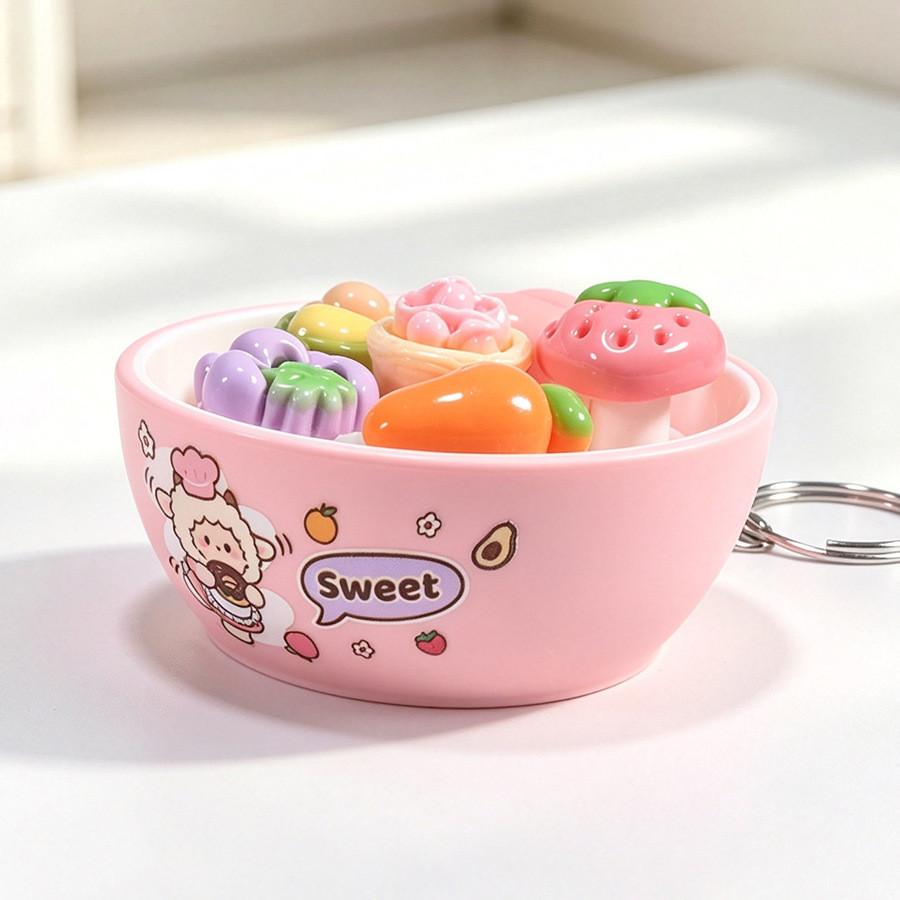 Plastic Mini Bread Squeeze Toy Keychain With Cartoon Pattern For Kids And Teens