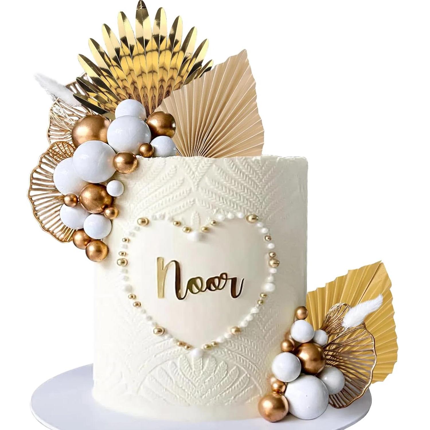 

Gold Boho CakeTopper White Golden Ball Palm Leave Apricot Cake Decoration Cupcake Topper for Wedding Baby Shower Birthday Party