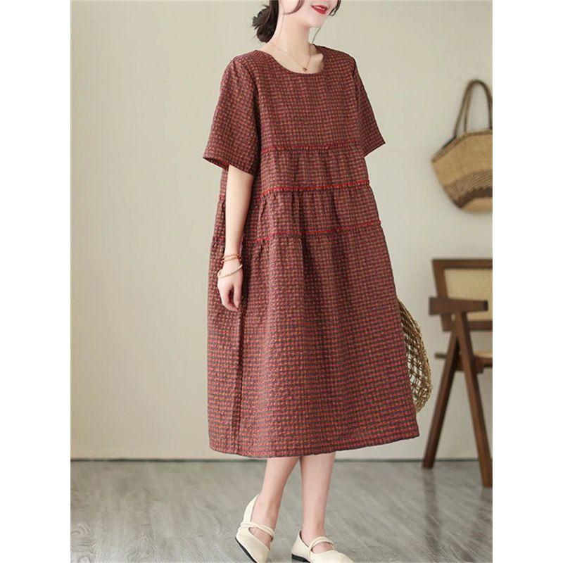 

Plaid Crew Neck Short-Sleeve Dress Loose Plaid Crew Neck Short Sleeve Dress Women Red L