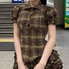 and American Style Cross-Border Plaid Short Top with Lapel, Buttoned Front, Puff Sleeves, Color-Blocking, Ruched Waist, Versatile Short Sleeves