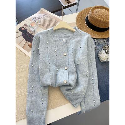 Knitted Sweater Women's Autumn New Beaded Long-sleeved Premium Sweater Jacket High-end Design Niche Top
