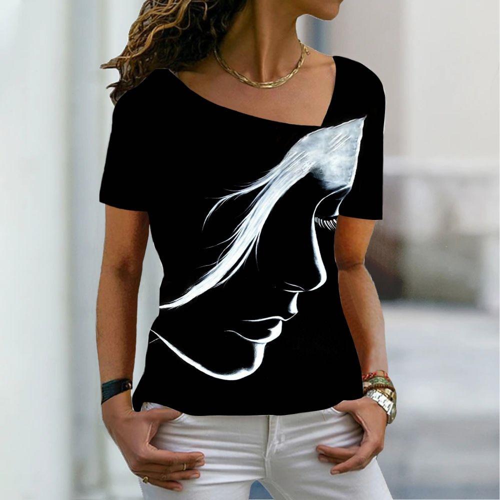 Women's 3D Flower Pattern T-shirt Irregular V-neck Design Y2k Fashion Trend Summer Short Sleeve Sexy Neckline Tshirts 2023