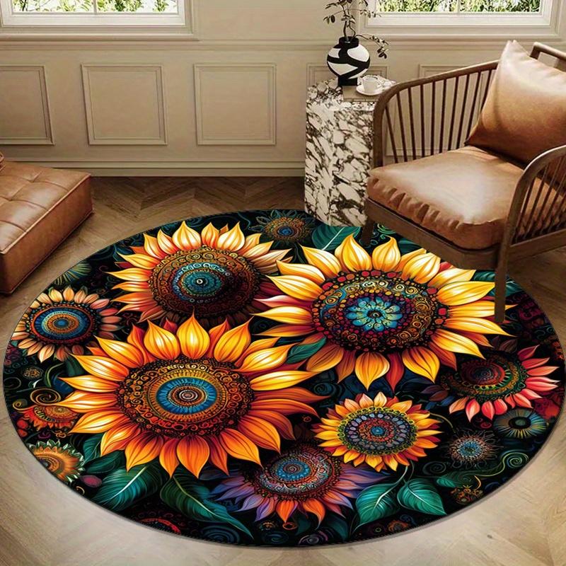 Plush Sunflower Print Round Area Rug - Non-Slip, Soft Polyester Carpet for Bedroom & Living Room Decor, Vibrant Home Accent Mat
