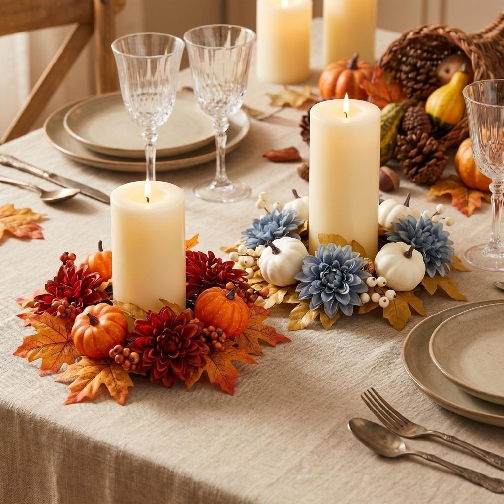 2-Piece Thanksgiving Candle Holder Wreath with Pumpkin Maple Leaves and for Fall Home Decor