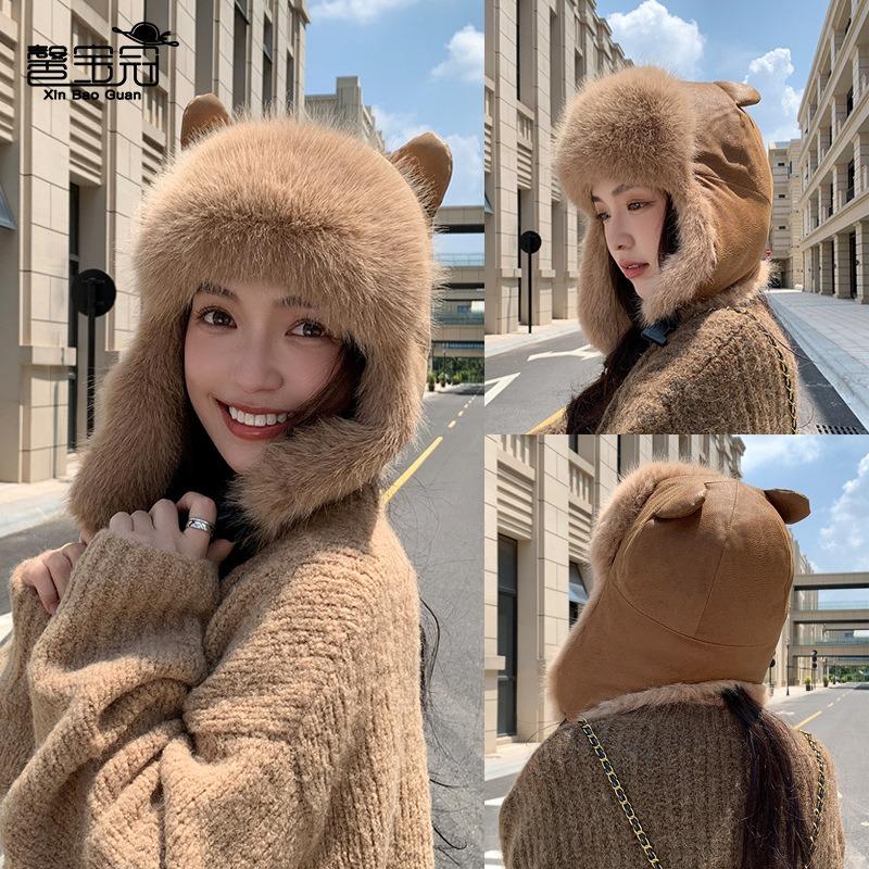 Winter plush warm pullover hat outdoor cycling skiing cold ear protection cute cat ear hat female