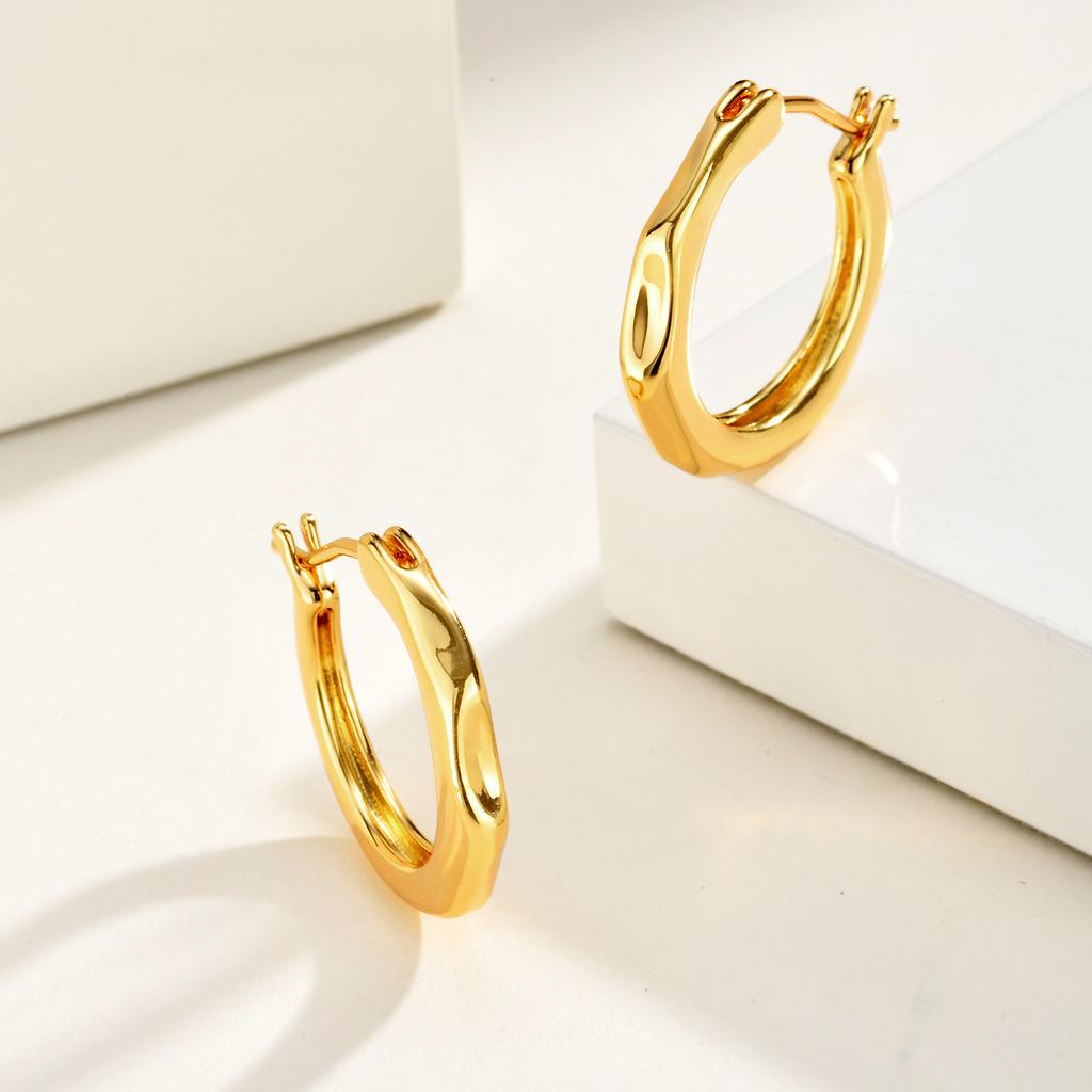 Geometric Hoop Earrings, Gold Plated Irregular Fluid Hinged Clicker, Waterproof Minimalist Jewelry for Women