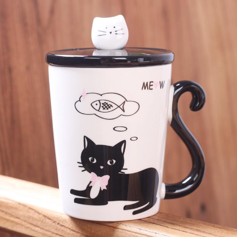 Personalized Cartoon Cat White Porcelain Handle I Ceramic Cup with Lid Office Coffee Cup Creative Student Milk Drinking Water Cup
