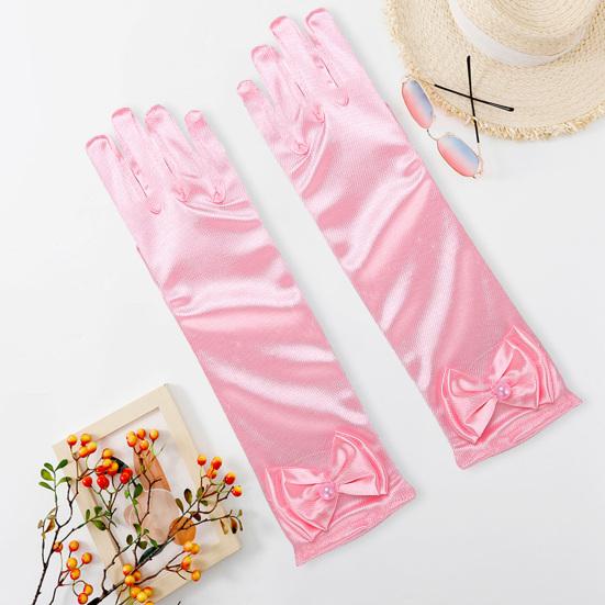 1 Pair Children Performance Gloves Faux Pearl Bow Decor Solid Color Full Fingers Satin Flower Girls Gloves Princess Style Cosplay Gloves