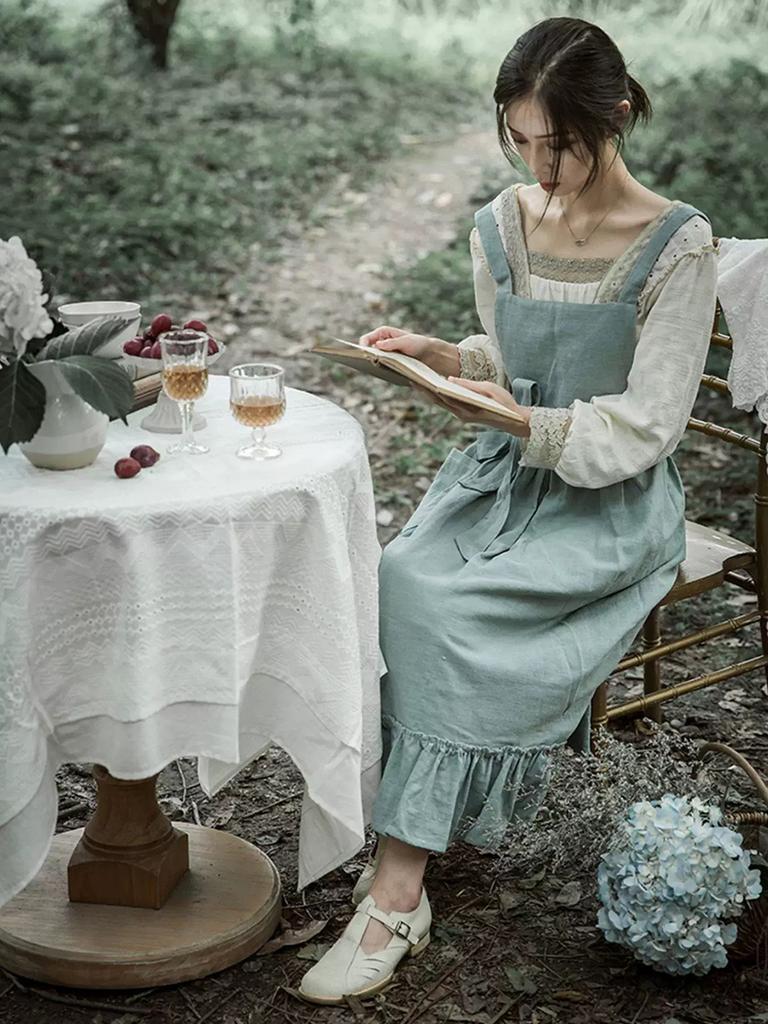 Flouncing Pinafore French Pastoral Florist Artsy Cotton Linen Vintage Apron Kitchen Baked Nordic Solid Color Ruffled Apron