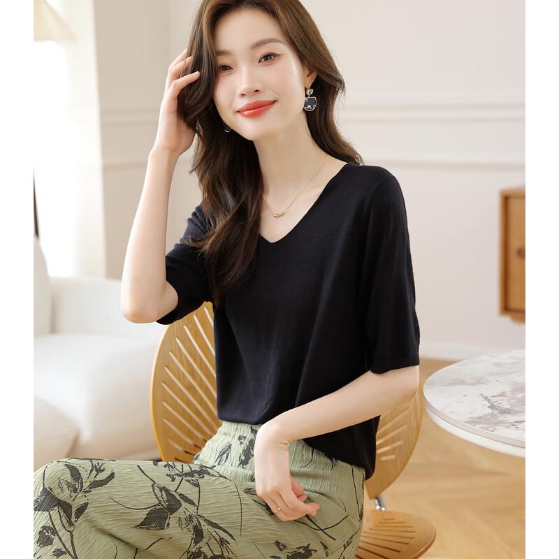 Srcr Women's Thin V-Neck Short Sleeve Knit Top