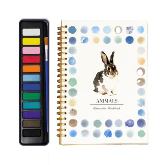 Watercolor Workbook with 12 Colors Pigment Step-by-Step Animal Flower Painting Guide Paper Coloring Book for Learning Techniques Stress Relief
