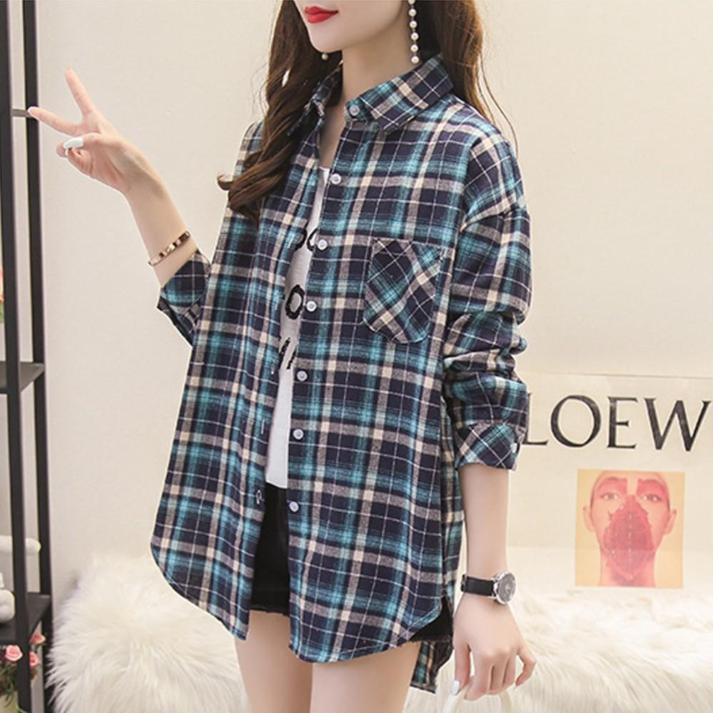 

Lattice Print Blouse Spring and Autumn Version Loose Long Women Long Sleeve Turn Down Collar Button T Shirts Tops XXL зелений