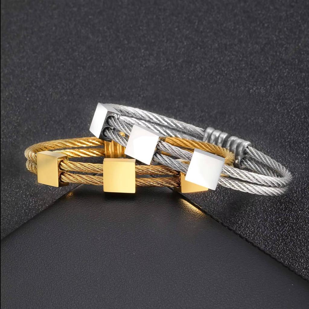 Vnox 10mm Width Double Layer Steel Rope Bracelet, Gold Silver Color Open Cuff Bangle with Square Charm, Men's Punk Jewelry Gifts