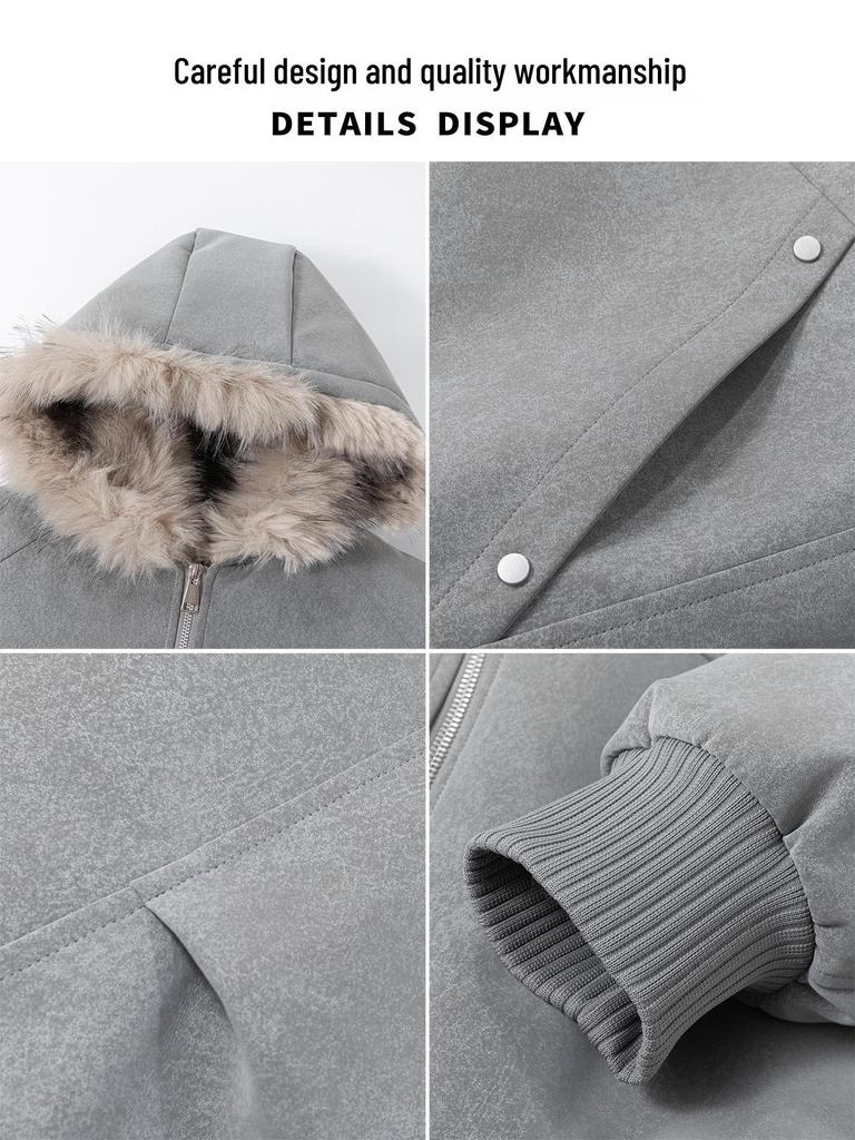 Unisex American Style Mountain Eagle Fur Collar Hooded Winter Coat - Thick Velvet Lined for Warmth and Cold Protection