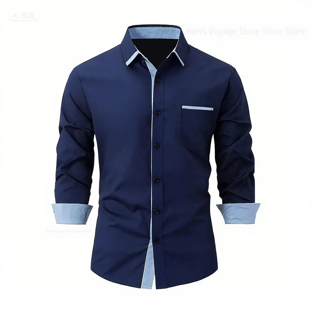 2025 Fashionable Men's Four-Way Stretch Men's Shirt Color Block Business Slim Long Sleeve High-End Shirt
