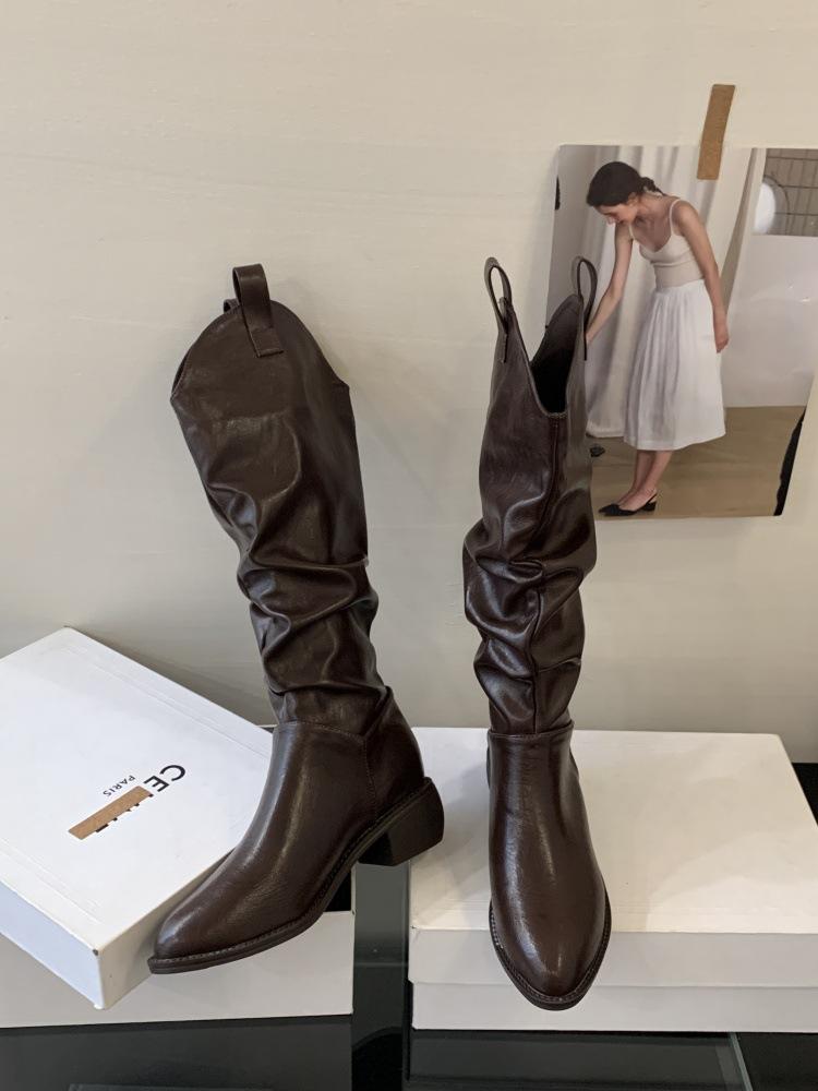 Coarse heel boots women's 2025 new autumn and winter pointed brown Maillard V-mouth thick-soled stacking boots boots