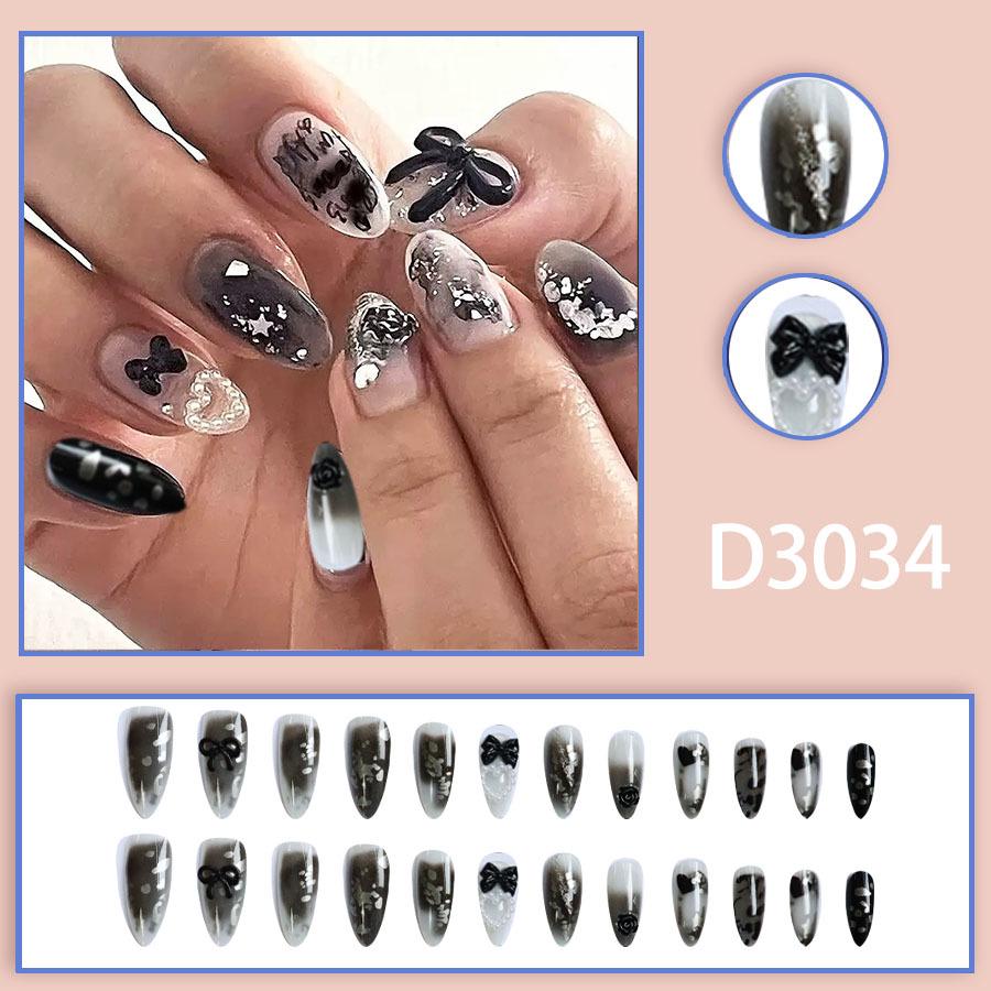 Black 3D Bow Pearl Heart Star Glitter Almond Nail Art Tips