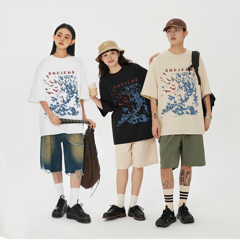 Weihongsi Heavyweight Cotton Ink Wash Swallow Print Couple T-Shirt M