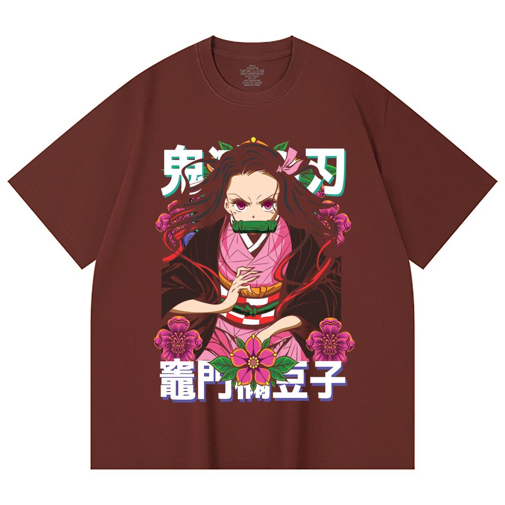 230 Gsm 100% Cotton Demon Slayer V70 Nezuko Flower Print Unisex Heavy Cotton T Shirt